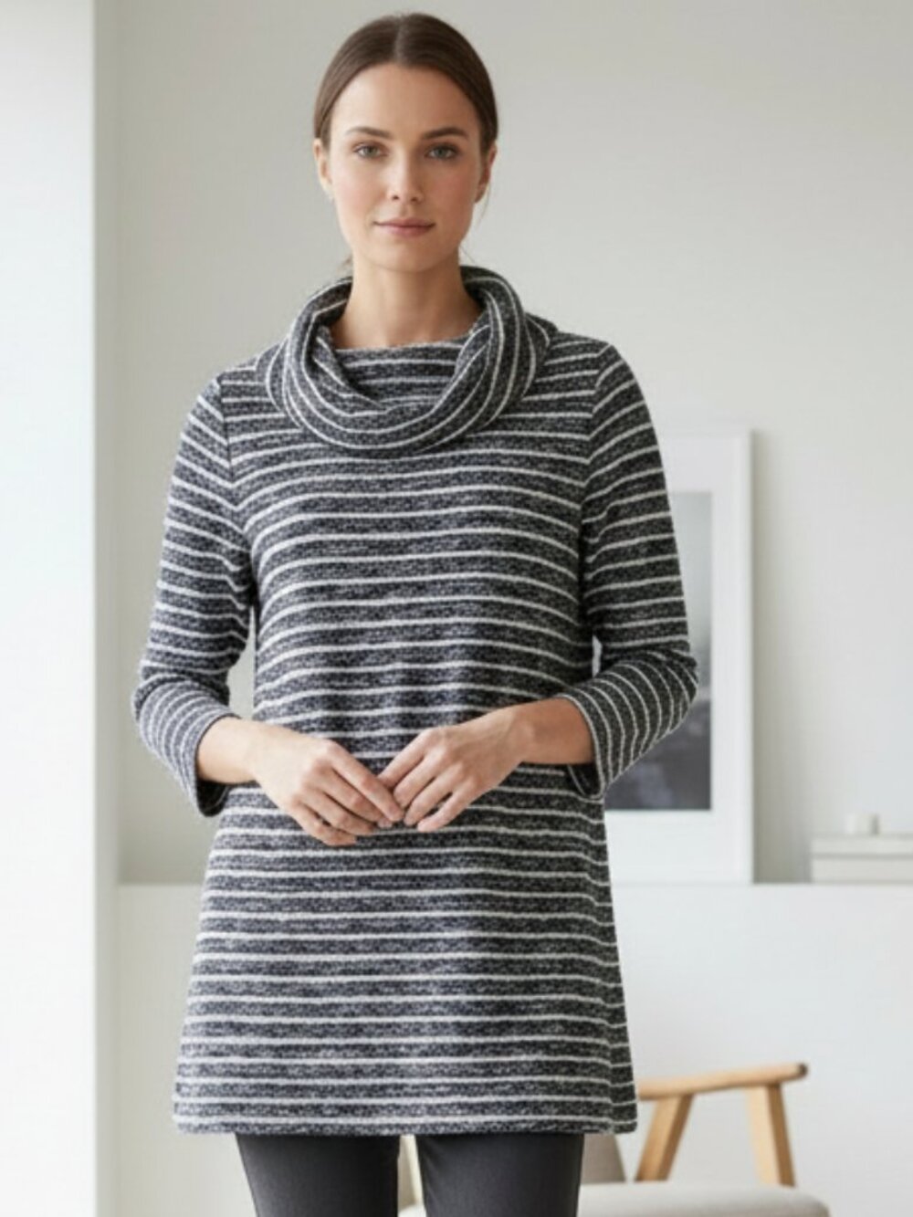 Loft PS Women's Blue Striped Cowl Knit Tunic Top Petite Casual Minimalist Scandi